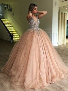 Gown V-neck Sleeveless Sweep/Brush Train With Beading Tulle Dresses - Prom Dresses Champagne Ball Gown, Champagne Quinceanera Dresses, Champagne Prom Dress, Pink Ball Gown, Tulle Balls, V Neck Prom Dresses, Beaded Tulle, Tulle Ball Gown, فستان سهرة