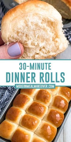 homemade dinner rolls in a baking pan with text overlay