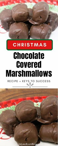 chocolate covered marshmallows on a red and green plate