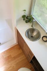 there is a sink in the corner of this bathroom with a potted plant next to it