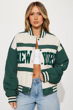 Available In Olive/combo. Jacket Rib Knit Collar/Cuff Windbreaker Long Sleeve Colorblock Embroidery Fully Lined Shell: 100% Nylon Lining: 100% Polyester Filling: 100% Polyester Imported | New York Streets Oversized Bomber Jacket in Sand size 2X by Fashion Nova Oversized Jersey, Jersey Jacket, Cute Jackets, Swag Outfits For Girls, New York Street, Streetwear Fashion Women, Jacket Style, Swag Outfits, Cute Casual Outfits