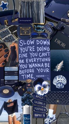 a collage of blue and white items with words on them