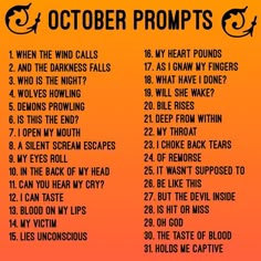 an orange and black poster with the words october proms written in white on it