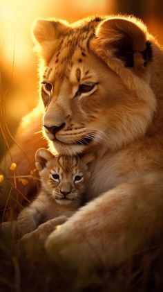 a mother lion and her cub cuddle in the grass at sunset, with light shining on them