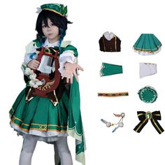 PRICES MAY VARY. 1-All Material: uniform cloth +polyester. Comfortable, soft and durable. 2-Packing: Top+Skirt+Cape+Hat+Belt+Stockings+Accessories. 3- Perfect for your Venti cosplay,costume party,daily wear,dates and parties or gift to anime and costume fans. 4- Wash method: It is recommended to wash by hand with warm or cold water, and try not to machine wash. Yanfei Cosplay, Venti Cosplay, Skirt Cape, Animated Clothes, Womens Cosplay, Cosplay Cute, Halloween Clothing, Girls Halloween, Cosplay Dress