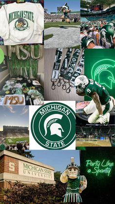 the michigan state university football team collage is shown in green and white, along with many other sports related items