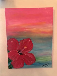 a painting of a red flower on a white wall with pink and blue sky in the background