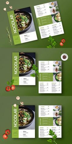 an image of food brochure with green and white designs on the front, back and