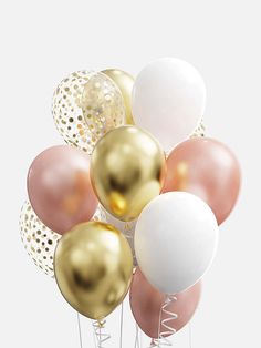 a bunch of balloons with gold, white and pink foiled ones in the middle