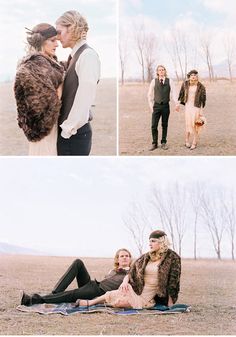 two women and one man are sitting on a blanket in an open field with bare trees