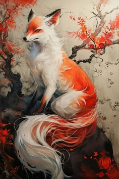 a painting of a fox sitting on top of a rock