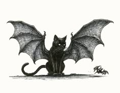 a black cat sitting on top of a floor next to a bat and a dragon