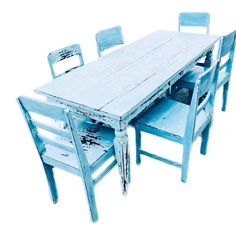 an old table and four chairs are painted in blue with white paint on the top