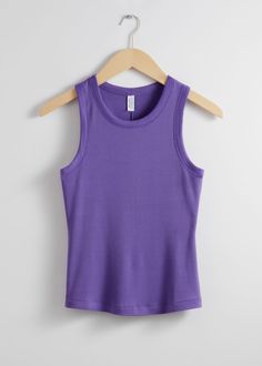 Tank top with a fitted silhouette.Length of top: 51.5cm / 20.3" (Size S) Stretch Tank Tops For Fall, Stretch Ribbed Purple Tops, Stretch Purple Ribbed Tops, Purple Stretch Ribbed Tops, Purple Ribbed Stretch Top, Summer Ribbed Purple Tops, Purple Ribbed Tops For Summer, Summer Purple Ribbed Tops, Purple Ribbed Summer Tops