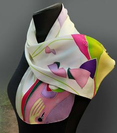 White Shawl Scarves As Gift, Unique Handmade Scarves As Gifts, Unique Handmade Scarves For Gifts, White Artistic Scarves, Purple Silk Scarf As A Gift, Elegant Multicolor Silk Scarf For Party, Elegant Handmade Green Silk Scarf, Purple Silk Scarf For Gift, Elegant Handmade Pink Silk Scarf