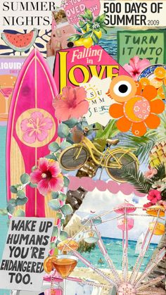 a collage of various things including a ferris wheel, flowers and surfboards is featured in this image