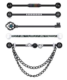 four different types of barbells with chains and balls on the ends, all in black