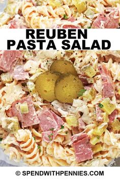 two pictures with different types of pasta and vegetables in them, one is labeled reuben pasta salad