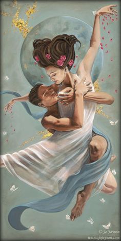 a painting of two people in the air with their arms around each other and one person holding