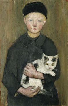 a painting of a boy holding a cat