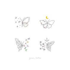 four different butterflies with stars and moon on their wings, one is drawn by hand