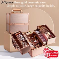 Portable portable makeup case：rose gold color matching is adopted for the appearance, and the style is high-end. Every detail is carefully created, which is born for professional talents. Alloy cosmetic case-sturdy shell, the cosmetic case is waterproof design, and the whole case is waterproof. Avoid getting your expensive cosmetics and items drenched in the rain. Mermaid makeup box: The mermaid color changes with the light, high color and practical coexist, easy to carry out. Silver rose carving beauty case: classic rose carving design, high-end atmosphere, born for professional talents. Large capacity cosmetic case: It has four large long trays, which can make full use of the storage space in reasonable areas. You can put cosmetics, skin care products, jewelry, hair ornaments, makeup bru Makeup Box Design, Makeup Suitcase, Manicure Essentials, Penyimpanan Makeup, Make Up Storage, Beauty Vanity, Makeup Travel Case, Mermaid Makeup, Beauty Case