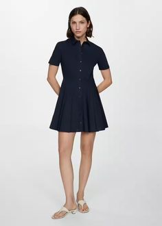 Pleated shirt dress - Women | Mango USA Classic A-line Cotton Shirt Dress, Summer Cotton Shirt Dress For Business Casual, Collared Neckline Shirt Dress For Work, Fitted Shirt Dress With Placket For Work, Fitted Polo Dress For Work With Collared Neckline, Summer Casual Shirt Dress For Business Casual, Casual Cotton Polo Dress For Work, Formal A-line Cotton Shirt Dress, Fitted Workwear Shirt Dress With Placket