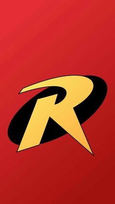 the letter r is made up of black and yellow letters on a red background with an arrow