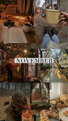 a collage of pictures with people and food in them, including books, coffee cups, candles, trees, and other things