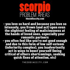 the poem scorpio problem areas is written in red and black on a black background