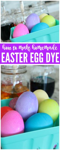 an easter egg dye recipe in a blue container