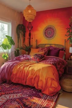 an orange and red bedroom with a large bed covered in blankets on top of it