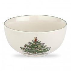 a bowl with a christmas tree painted on it