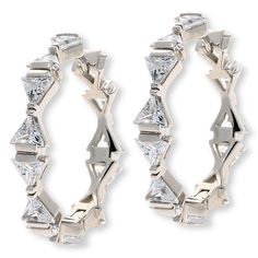 Radiance by Absolute™ 10.14ctw Trilliant Cut Bow Design Hoop Earrings Chic and angular, simulated diamond trilliants bring this loop's bow design to sparkling life. It's a fun and modern way to wear an especially pretty take on the ever-popular hoop.       Each approx. 1-1/16"L x 1/8"W x 1/8"H     Stamped .925 sterling silver; goldtone or rhodium plating; polished finish      Pierced with joint-and-catch closure     Bar and prong settings   Stone Information       All sizes and weights, includin Signature Jewelry, Bow Design, Prong Setting, Jewelry Collection, Personal Style, Gold Tones, Jewelry Earrings, Hoop Earrings, 925 Sterling Silver