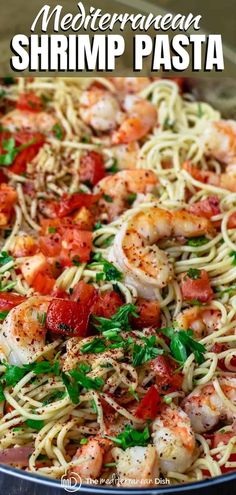 shrimp pasta with tomatoes and parsley in a pan