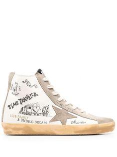 Francy Journey-print high-top sneakers from Golden Goose featuring white/multicolour, leather, cotton, logo patch at the tongue, hand-painted design, panelled design, round toe, front lace-up fastening and flat rubber sole. Golden Goose Francy, Corvette Art, Golden Goose Shoes, Golden Goose Deluxe Brand, Demi Fine Jewelry, Summer Beach Wear, Flat Boots, Cotton Logo, Fine Earrings