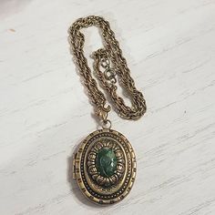 Vintage Prong Set Glass Jade Color Centerpiece Gold-Tone Locket On Rope Chain. Green Stone Is Glass With Beautiful Carved Design On Metal Gold-Tone Ornate Front & Back Frame. Holds Two Photos. (Comes With Original Black & White Vintage Photos When Purchased From Estate Sale) As Seen. Spring Ring Clasp Closure Locket Closes/Snaps Very Well Unsigned Approx Measurement: 18" Chain 2" X 1.5" Locket Disclaimer: Due To The Unique Nature Of Vintage Items, Imperfections & Flaws Are Normal, Consistent To Vintage Necklace Antiques, Antique Gold Necklace, Intricate Rings, Black White Vintage, Jade Color, Glass Locket, Key Jewelry, Unique Nature, Vintage Keys