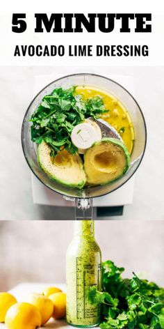 avocado lime dressing in a blender with lemons and cilantro