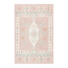 a pink and blue rug with an ornate design on the front, in different colors