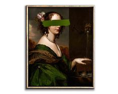 a painting with green tape on it's head and an image of a woman holding a glass in her hand