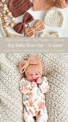 a baby laying on top of a blanket next to other crocheted hats and beads