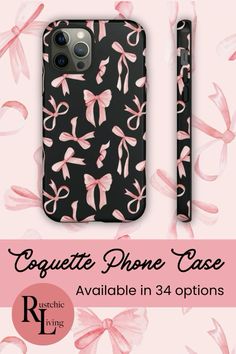 an iphone case with pink bows on it and the text coquette phone case available in 34 options