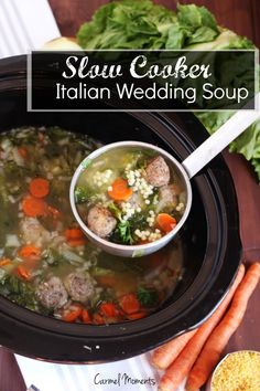 a bowl of soup with carrots, celery and meatballs in it