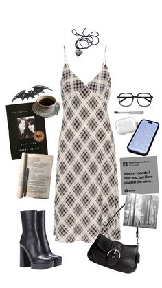 a woman's outfit and accessories are arranged in the shape of a dress, booties, sunglasses, coffee cup, book, phone, magazine, eyeglasses