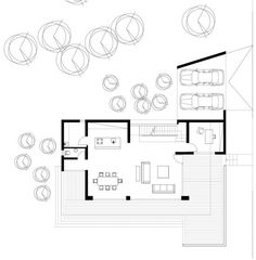 the floor plan for this modern house shows an open living area, dining room and kitchen