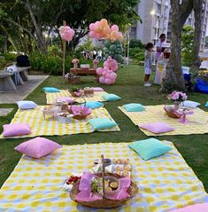 an outdoor picnic is set up in the grass with pink and blue pillows on it