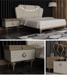 three different views of a bed and dresser with lights on the headboard, along with pictures of an upholstered bed