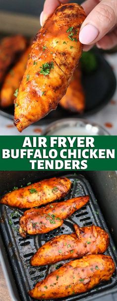 air fryer buffalo chicken tenders on the grill with text overlay that says air fryer buffalo tenders