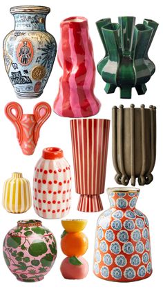 many different colored vases are arranged together