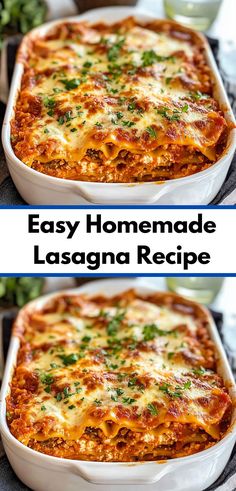 two images of lasagna casserole with cheese and parsley